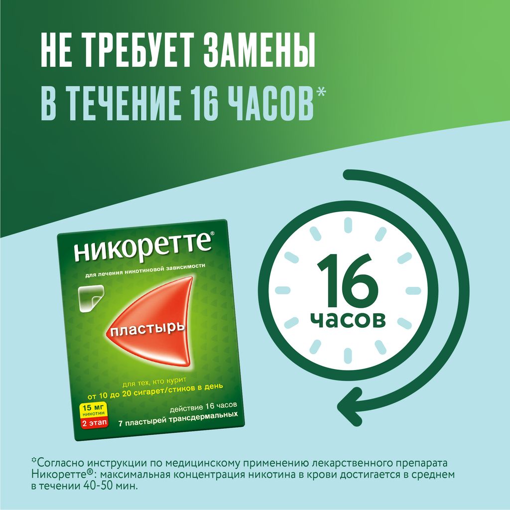 Никоретте, 15 мг/16 ч, пластырь трансдермальный, полупрозрачная, 7 шт.