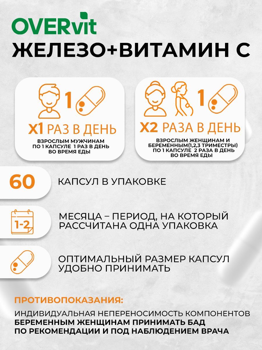 OVERvit Железо+Витамин С, капсулы, 60 шт.