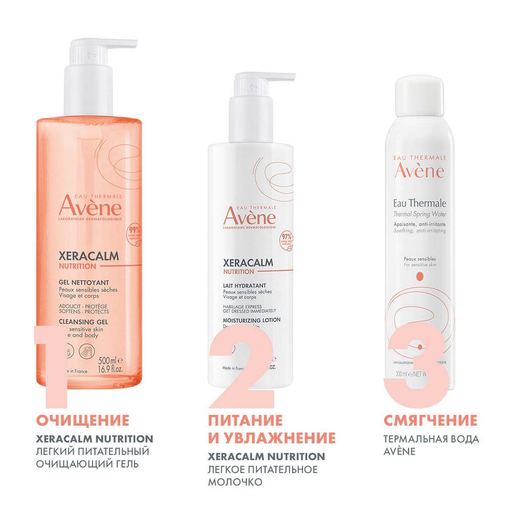 Avene XeraCalm Nutrition Гель очищающий питательный легкий, гель, для чувствительной кожи лица и тела для детей и взрослых, 500 мл, 1 шт.