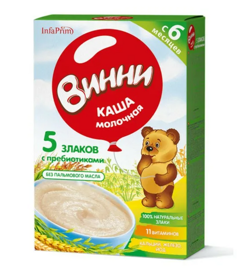 Винни Каша молочная 5 злаков с пребиотиками, для детей с 6 месяцев, 200 г, 1 шт.