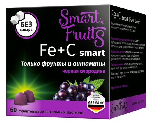 Смарт Фрутс Железо+Витамин С Smart, для детей с 3 лет и взрослых, пастилки жевательные, без сахара, 60 шт.